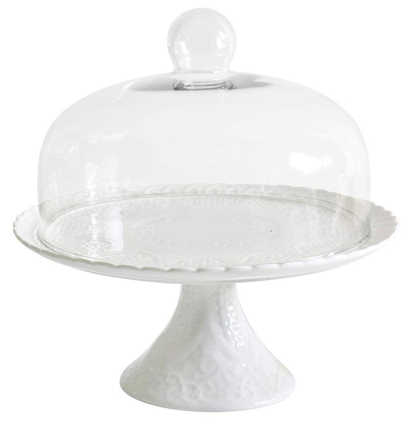 JusalphaÂ® 12 Inches White Porcelain Decorative Cake Stand-Cupcake Stand (CS01 - Glass Dome) - Image 1